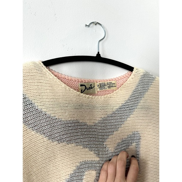 Vintage 80s pink Bow Pullover knit sweater Womens S shoulder pads silver duet - Picture 9 of 9